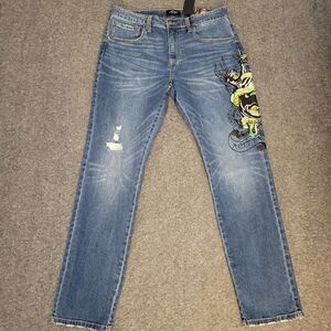 Ed Hardy Jeans Mens Size 34x32 Blue Denim Tiger Snake Embroidered Slim Fit New